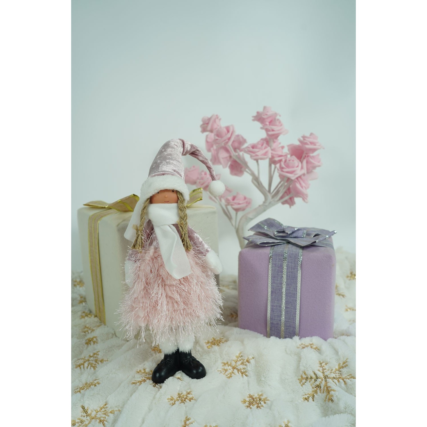 Ornament de Craciun papusa, , roz/alb, textil, 44 cm [3]