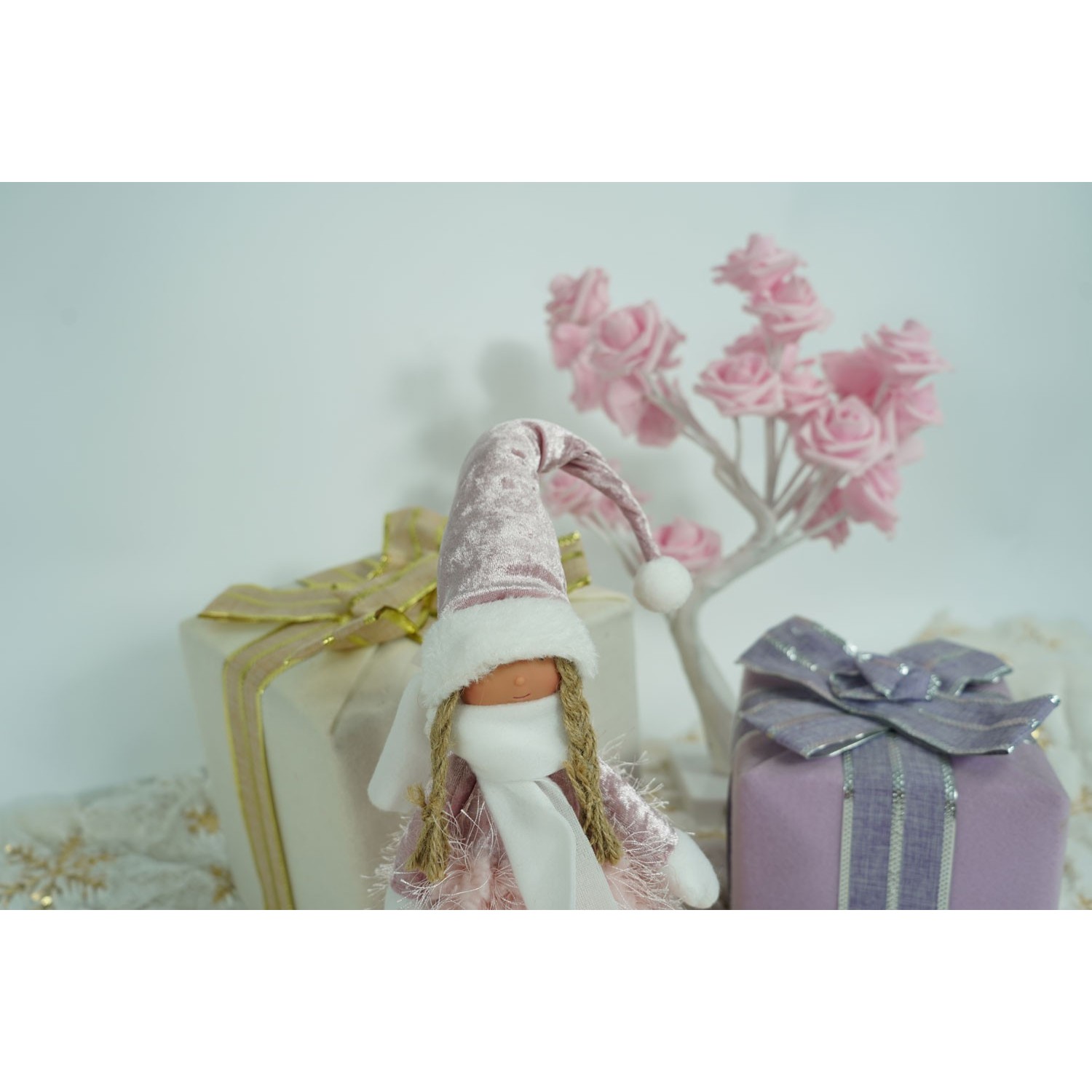 Ornament de Craciun papusa, , roz/alb, textil, 44 cm [11]