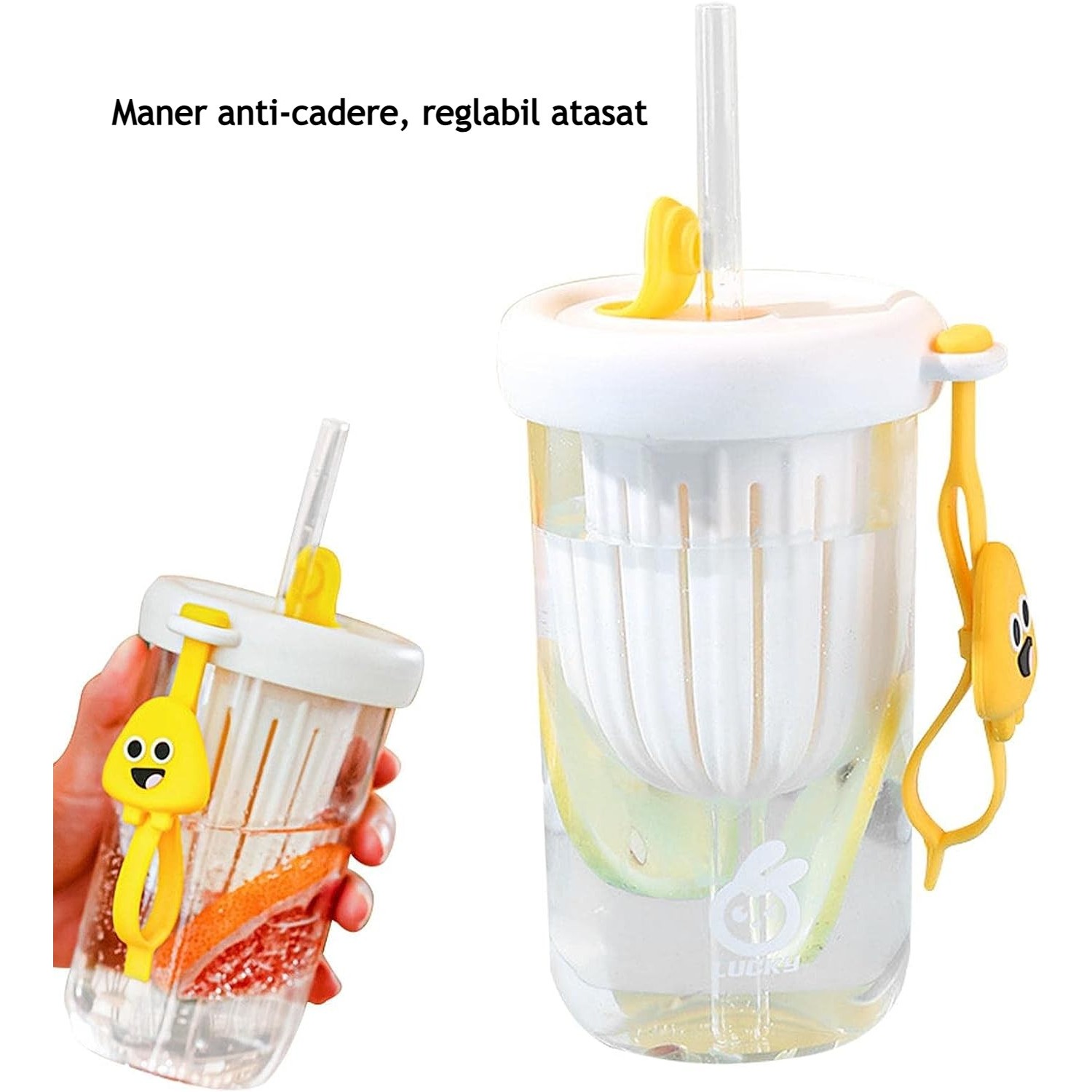 Pahar din silicon, cu capac si pai, pentru copii, , anti-cadere, compartiment pentru fructe/ceai/gheata, rezistent la temperaturi inalte, 500ml, Alb, 14.5x8.8x20 cm [7]