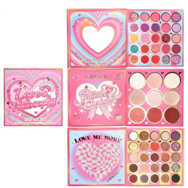 Palete Farduri si Truse Make-Up - Paleta de Farduri Kevin&Coco, 59 culori, Stil Carte, 3 Straturi, Pudra Compacta, Clasic, Fara Sulfati, 14 x 14 cm, 80 g, multicolor