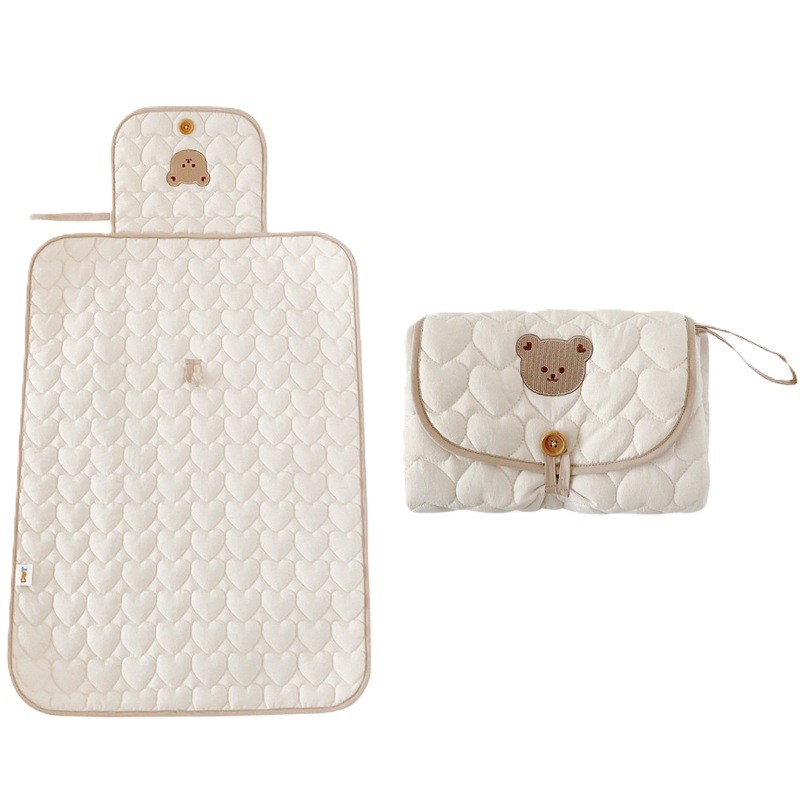 Articole pentru copii - Patura Multifunctionala, , pentru Schimbat Scutec, Impermeabila, din Bumbac, 50 x 70 cm, Portabila, Model Ursulet, Bej