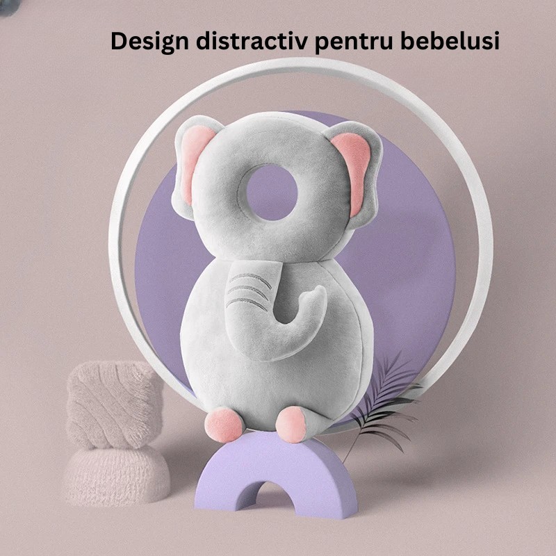 Perna tip Rucsac pentru Protectia Capului, , Tetiera tip Elefant de Plus, pentru Bebelusi, 33x6x19 cm, 180 g, Gri [1]