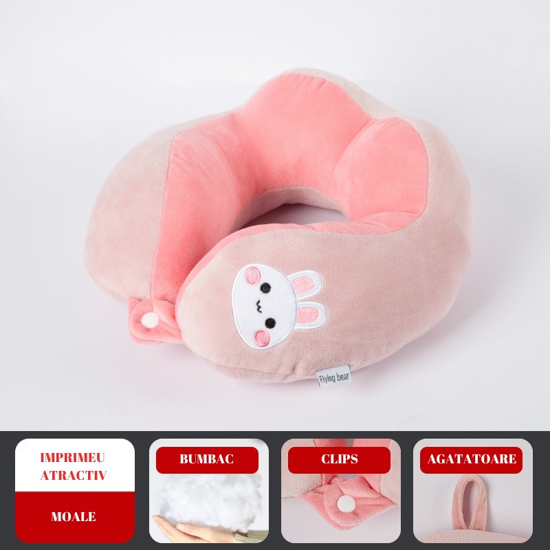 Perna de Calatorie, , Pentru Gat si Cap, Umplutura din Bumbac, 28x28x10 cm, cu Model Brodat Iepure, Roz [4]