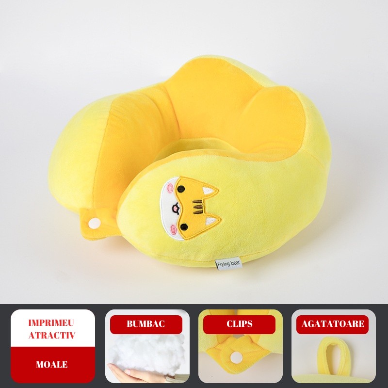 Perna de Calatorie, , Pentru Gat si Cap, Umplutura din Bumbac, 28x28x10 cm, cu Model Brodat Pisica, Galben [2]