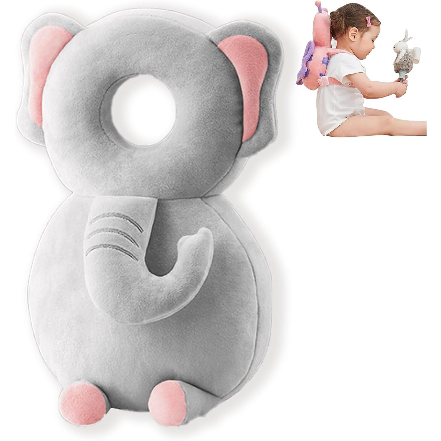 Perna tip Rucsac pentru Protectia Capului, , Tetiera tip Elefant de Plus, pentru Bebelusi, 33x6x19 cm, 180 g, Gri [12]