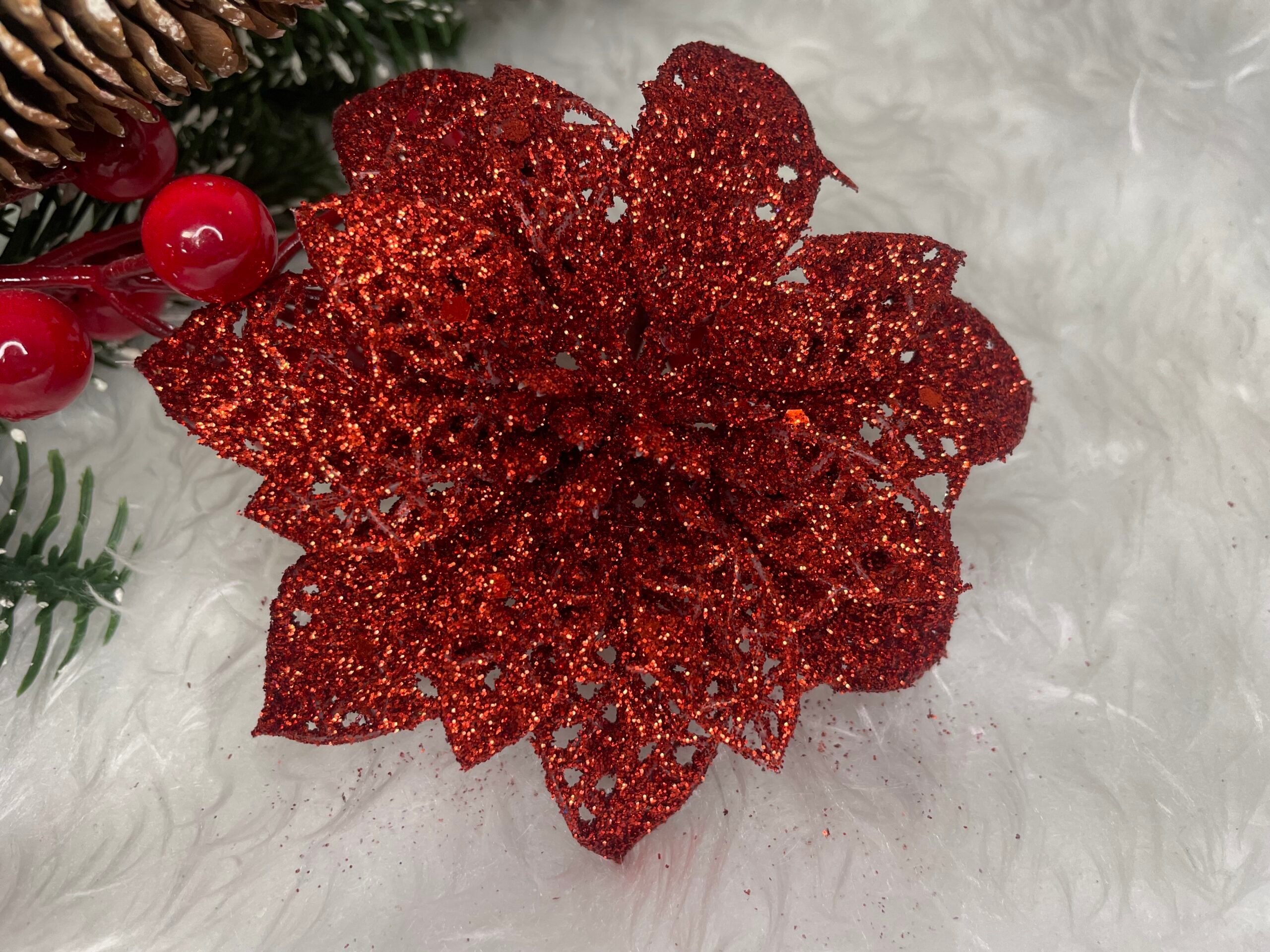 Set 10 ornamente pentru bradul de Craciun, stea Poinsettia, 10cm, rosu [11]