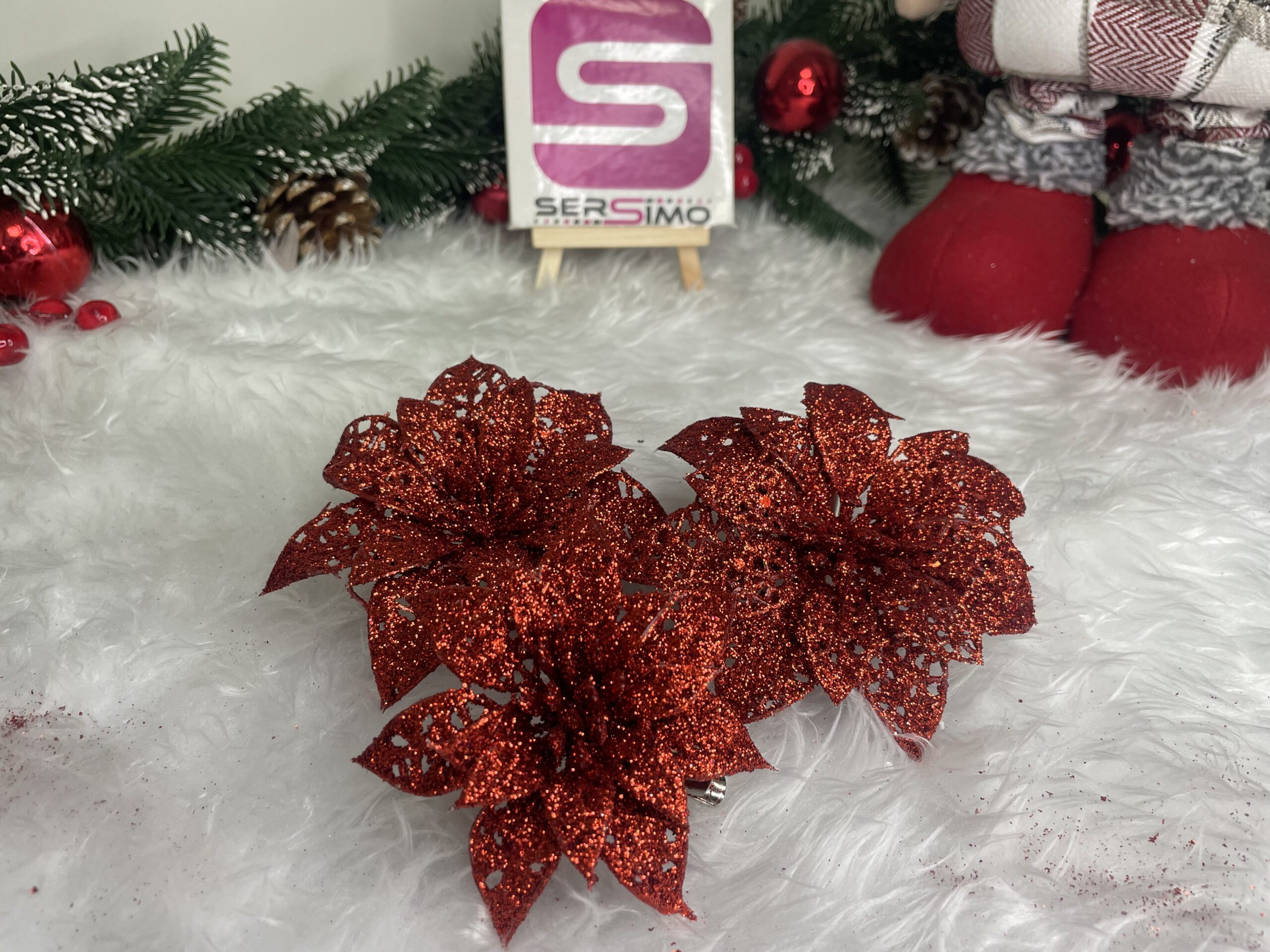 Set 10 ornamente pentru bradul de Craciun, stea Poinsettia, 10cm, rosu [12]