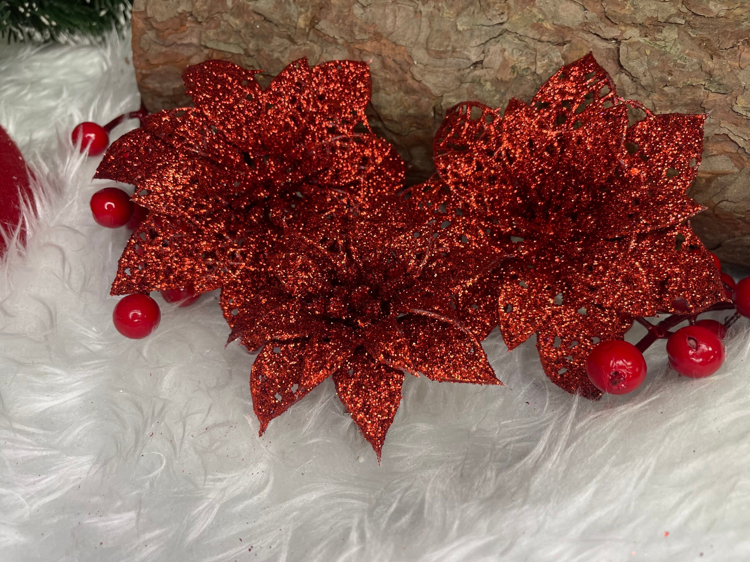 Set 10 ornamente pentru bradul de Craciun, stea Poinsettia, 10cm, rosu [14]