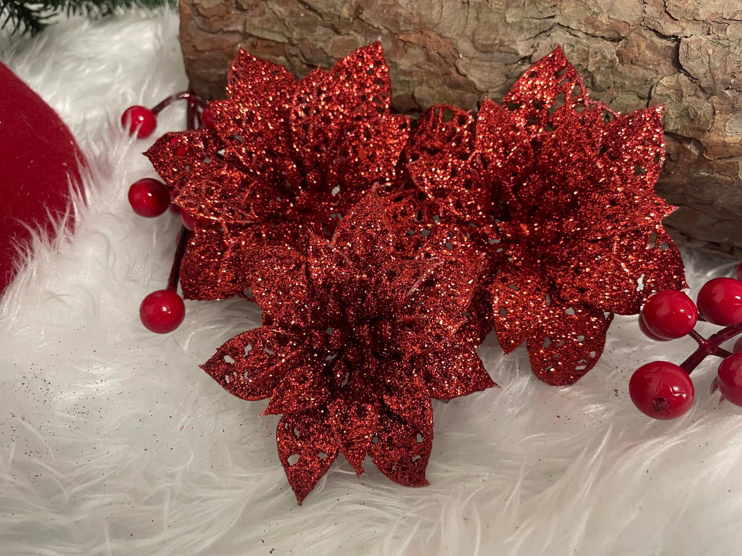 Set 10 ornamente pentru bradul de Craciun, stea Poinsettia, 10cm, rosu [16]