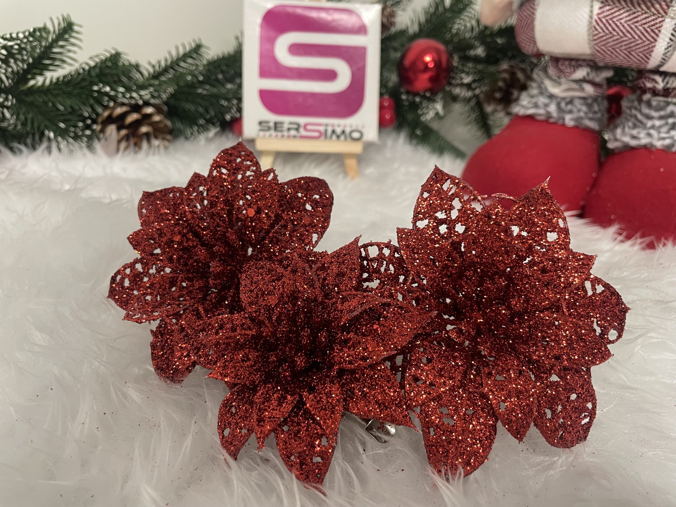 Set 10 ornamente pentru bradul de Craciun, stea Poinsettia, 10cm, rosu [17]