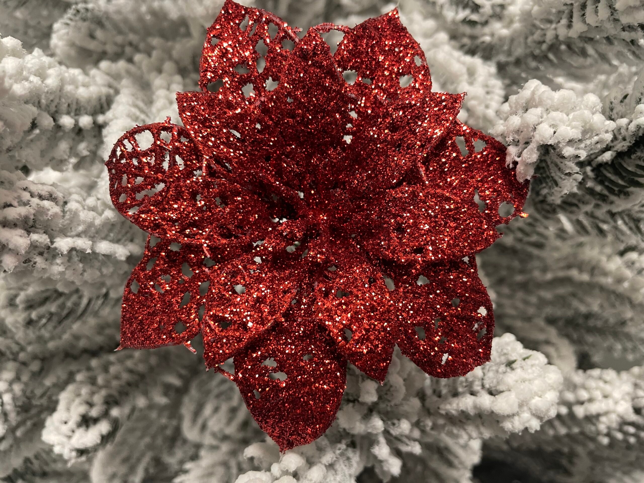 Set 10 ornamente pentru bradul de Craciun, stea Poinsettia, 10cm, rosu [18]