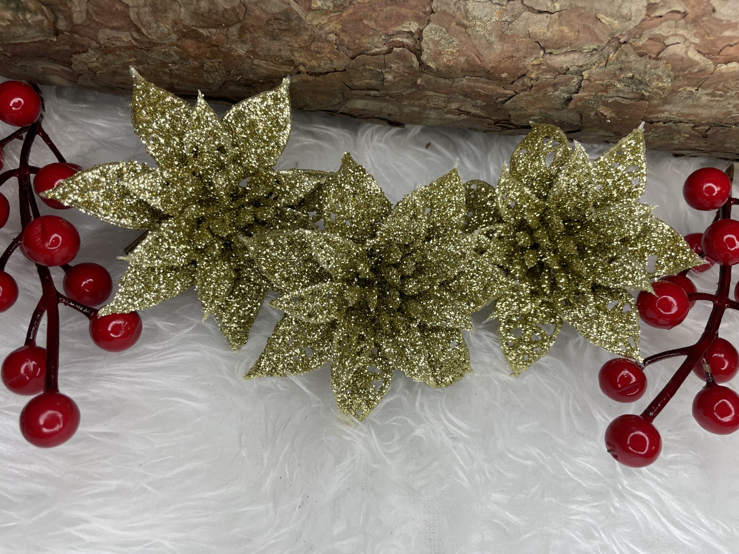 Set 10 ornamente pentru bradul de Craciun, stea Poinsettia, 14cm, auriu [14]