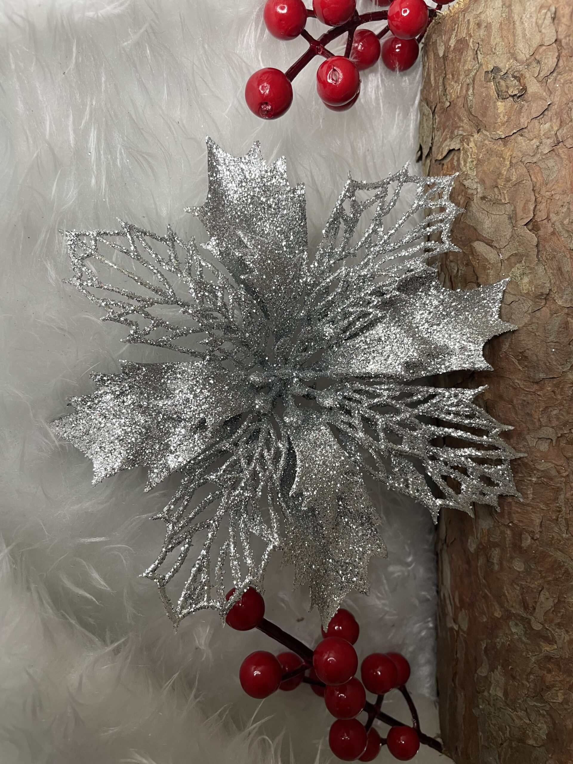 Set 10 ornamente pentru bradul de Craciun, stea Poinsettia, 16cm, argintiu [9]