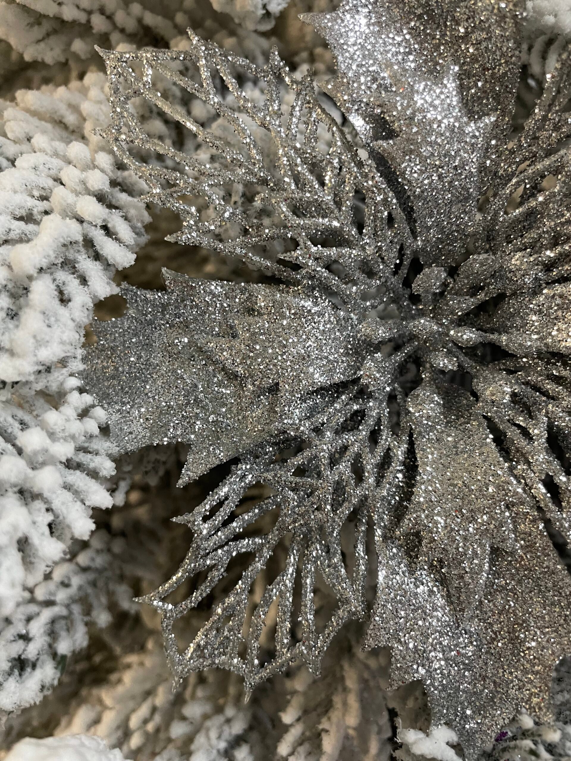 Set 10 ornamente pentru bradul de Craciun, stea Poinsettia, 16cm, argintiu [11]