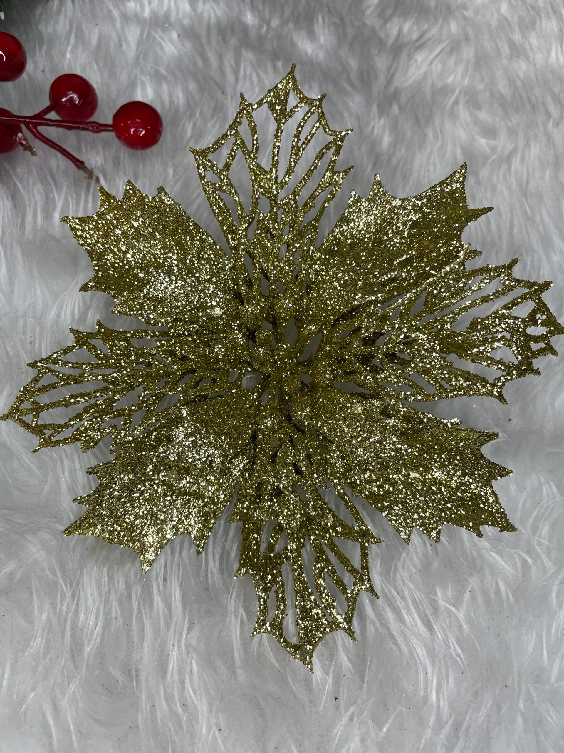 Set 10 ornamente pentru bradul de Craciun, stea Poinsettia, 16cm, galben auriu [9]