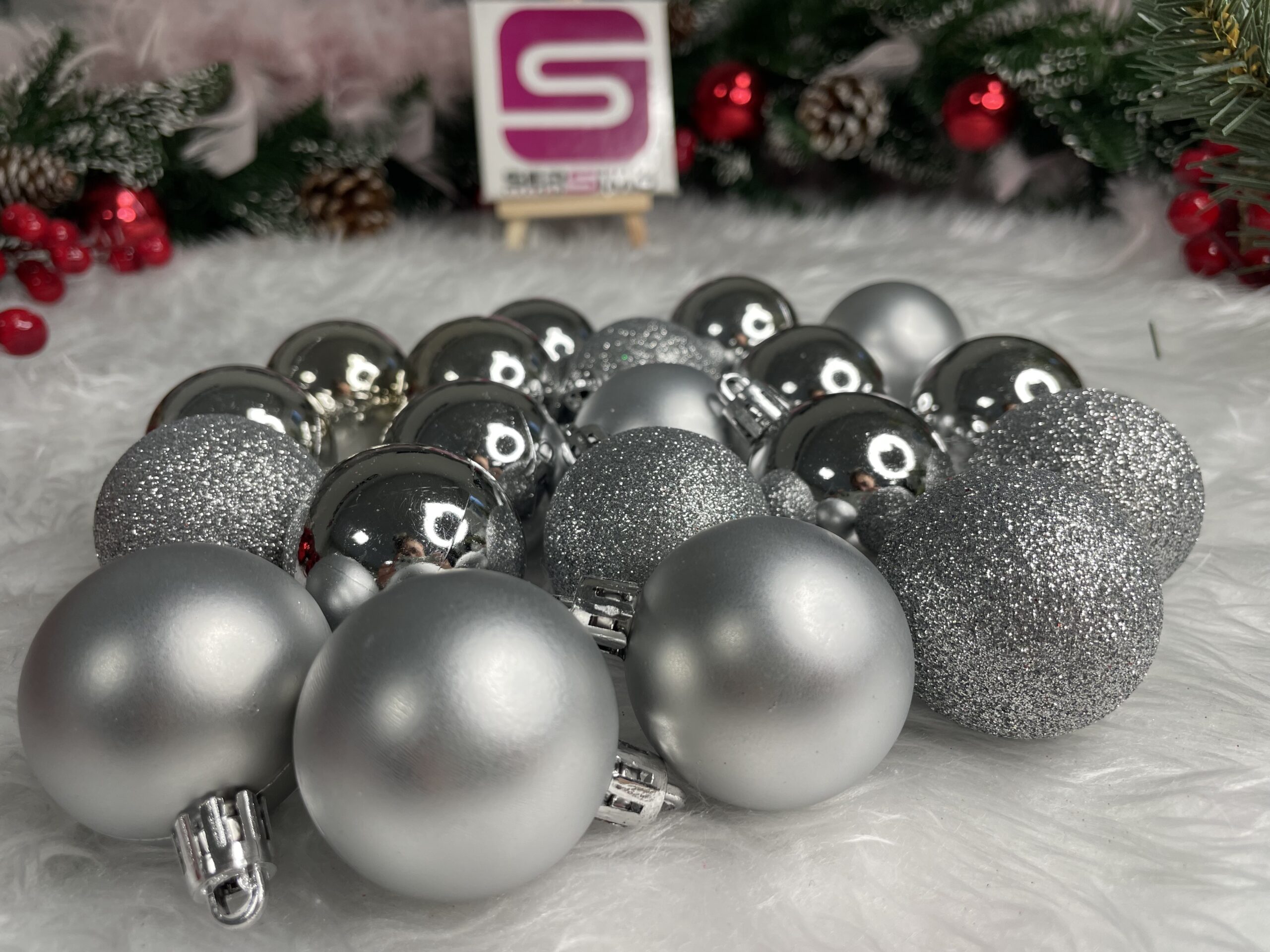 Set globuri de Craciun, 20 bucati, 3 modele, 4cm, argintiu [14]