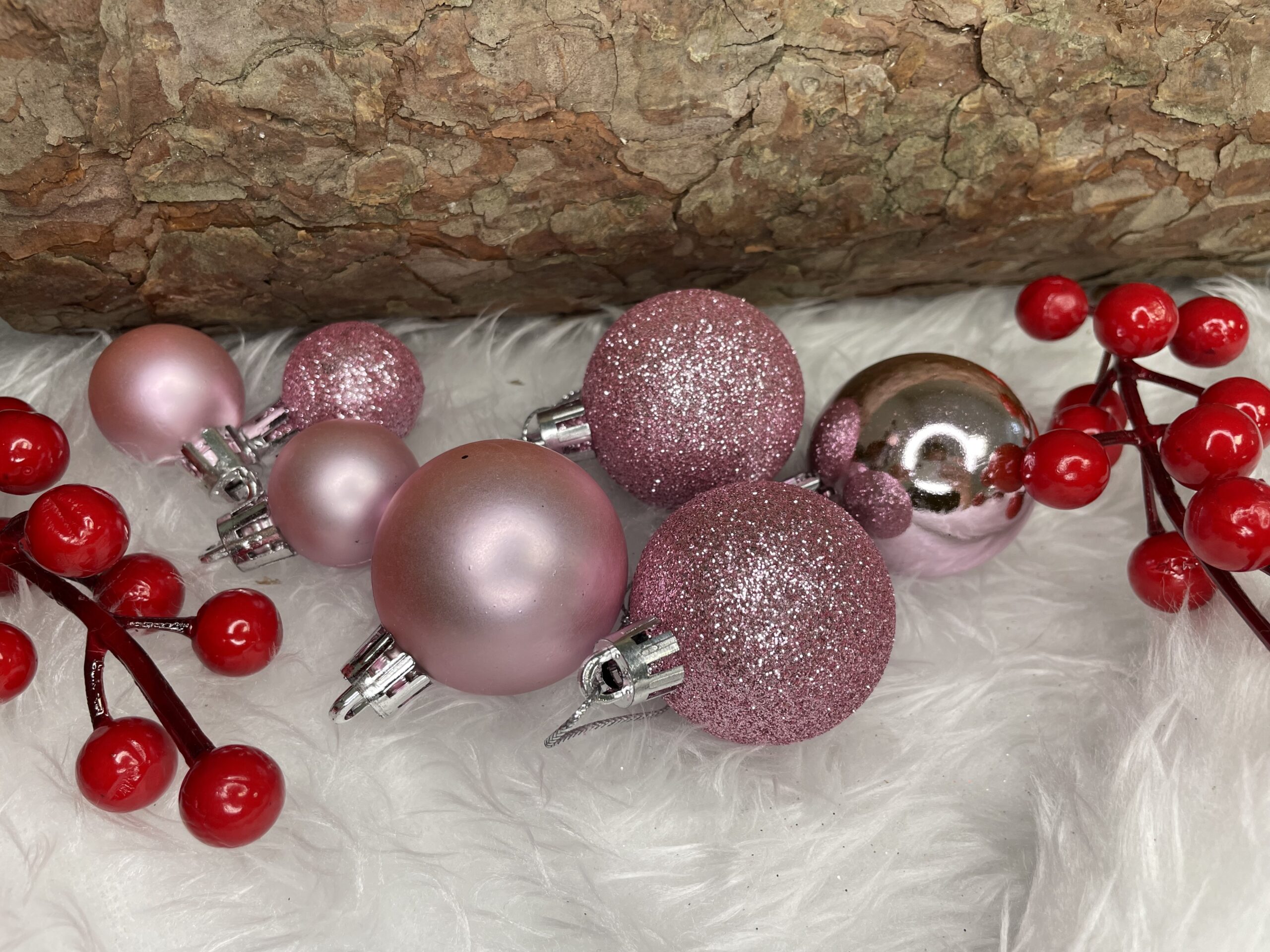 Set globuri de Craciun, 25 bucati, 3 modele, 2,5cm si 4cm, roz [16]