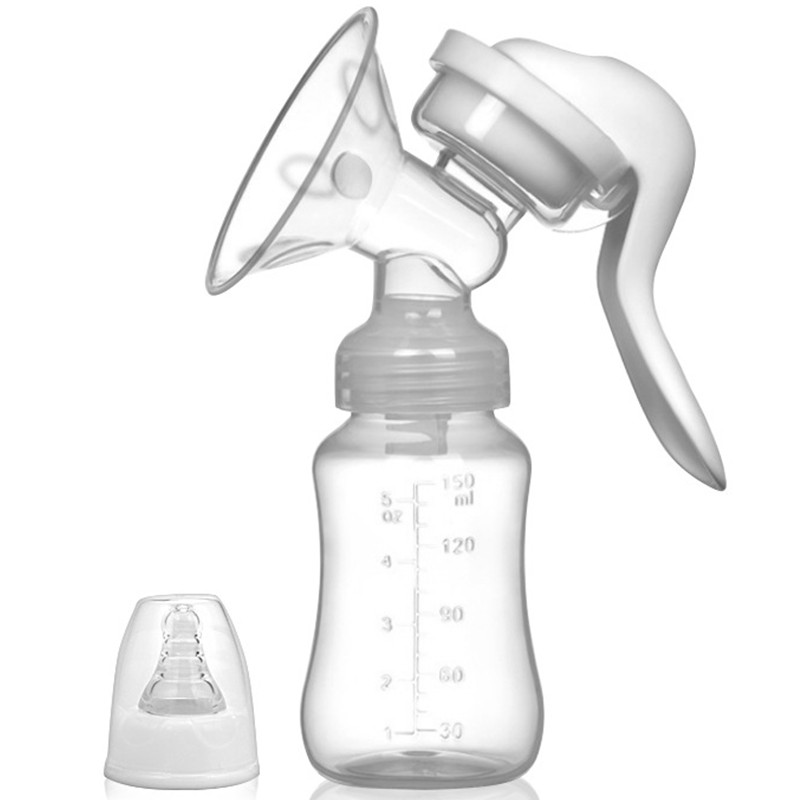 ✨TOATE PRODUSELE✨ - Pompa de San Manuala Multifunctionala, , Portabila, cu Tetina pentru Biberon, Anti-Scurgere, Anti-Reflux, 18.5x6 cm, 150 mL, Silicon, Recipient Transparent, Alb