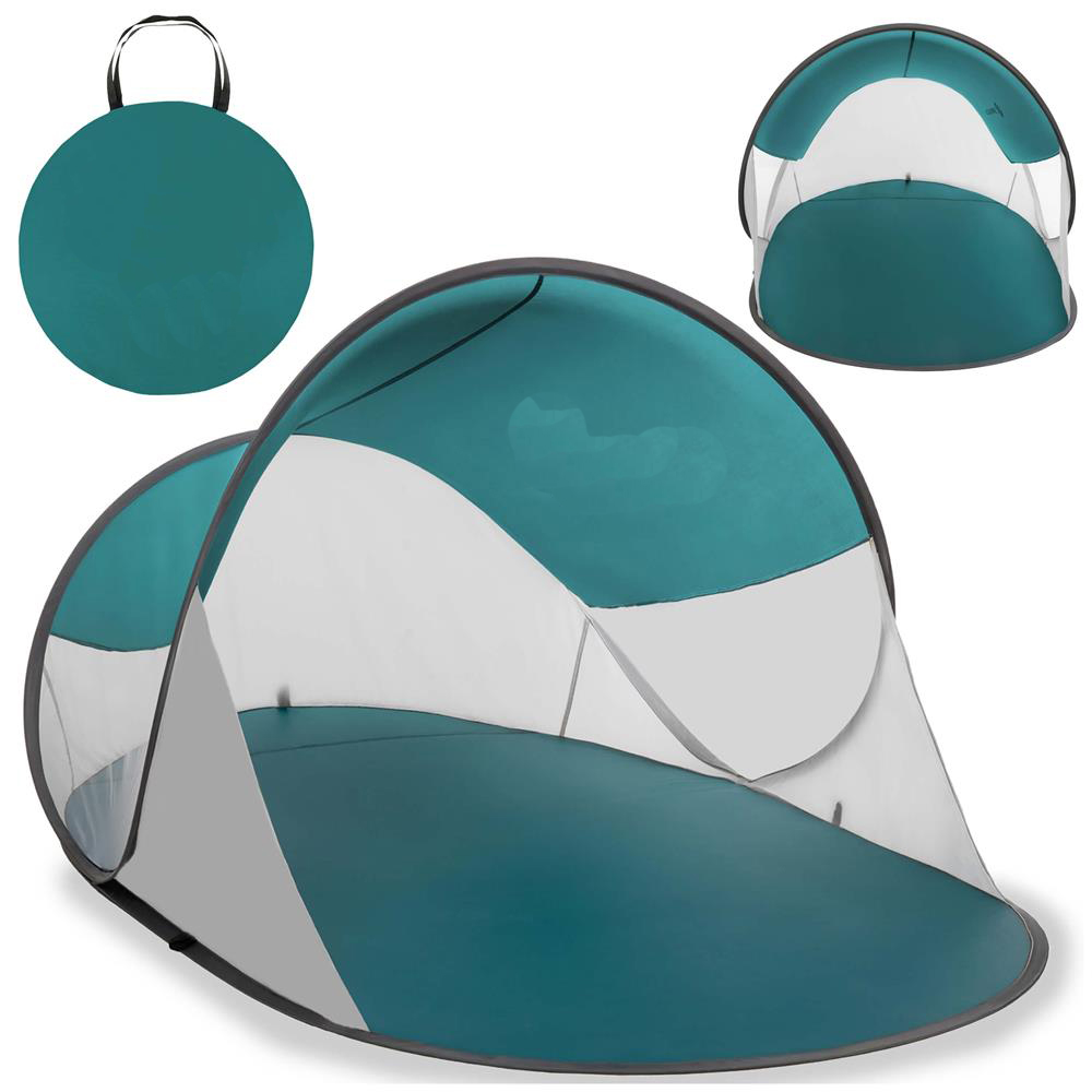 Cort plaja autoexpansibil POP-UP cu protectie UV, podea izolanta si husa transport, 190x120x100 cm, turcoaz si gri [2]