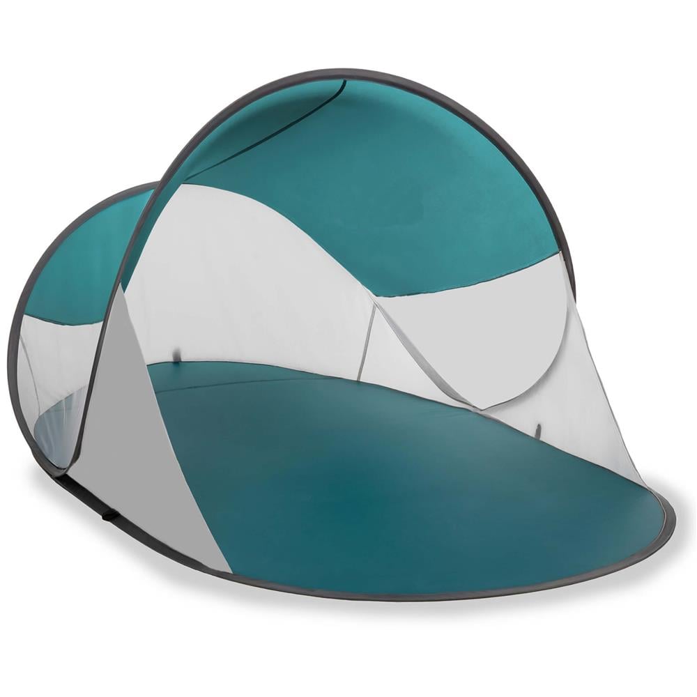 Timp liber - Cort plaja autoexpansibil POP-UP cu protectie UV, podea izolanta si husa transport, 190x120x100 cm, turcoaz si gri
