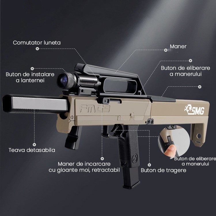 Pusca Mitraliera de Jucarie Pliabila, , cu 10 Gloante Moi Reutilizabile de Gel incluse, Varsta 14+, 69 x 35 x 5 cm, Maro deschis [1]