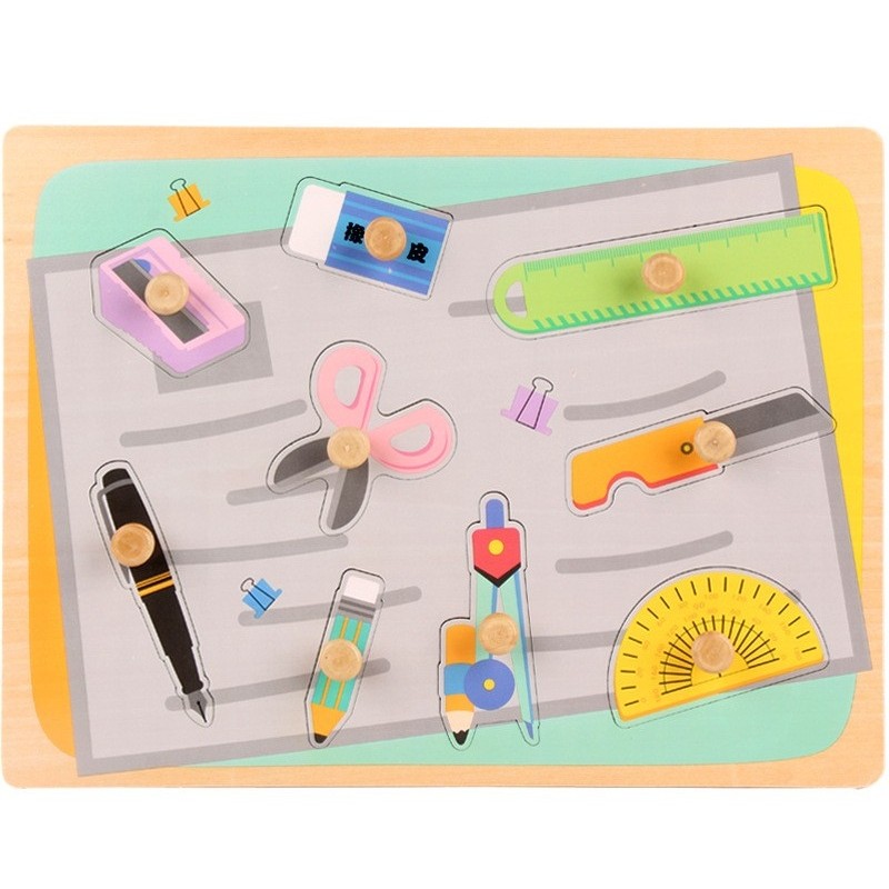 ✨TOATE PRODUSELE✨ - Puzzle Montessori din Lemn pentru Copii, , 0-3 Ani, 3D, Model Instrumente Matematice, Educativ, Intuitiv, Creativ, 9 Piese, 30x22.5x0.8 cm, Multicolor
