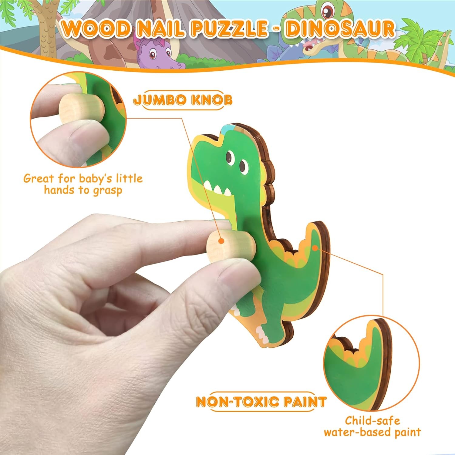 Puzzle Montessori din Lemn pentru Copii, , 3D, 0-3 Ani, Model Dinozauri, Educativ, Intuitiv, Creativ, 8 Piese, 30x22.5x0.8 cm, Multicolor [4]