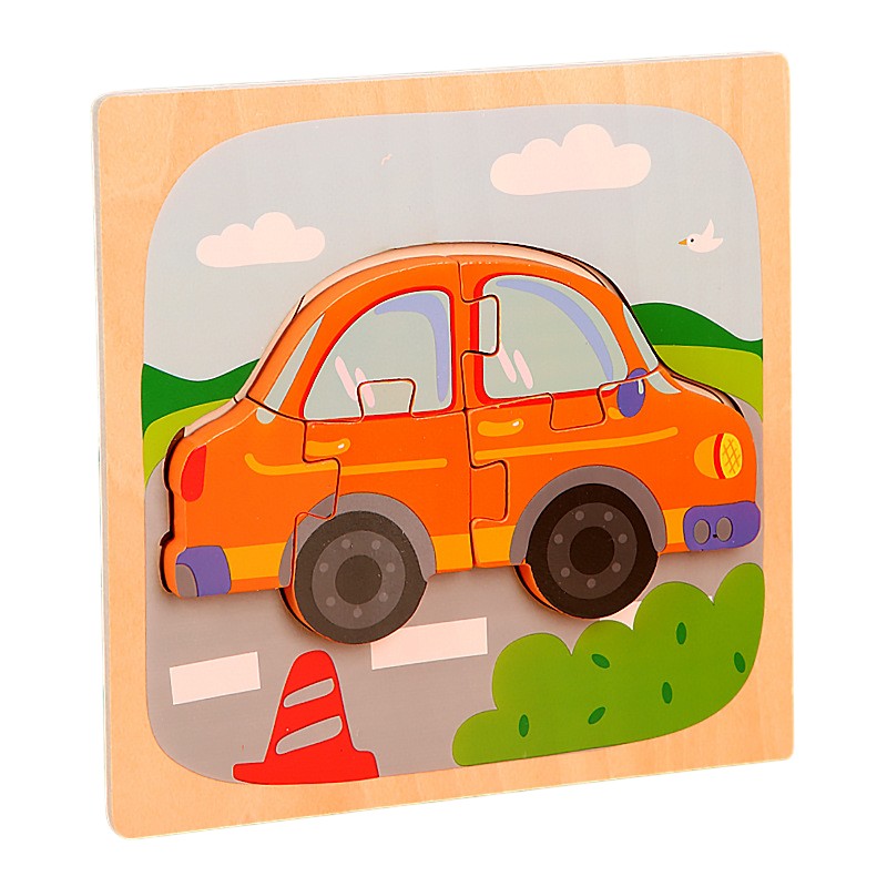✨TOATE PRODUSELE✨ - Puzzle Montessori din Lemn pentru Copii, , 3D, 0-3 Ani, Model Masina, Educativ, Intuitiv, Creativ, 5 Piese, 15x15x0.5 cm, Multicolor