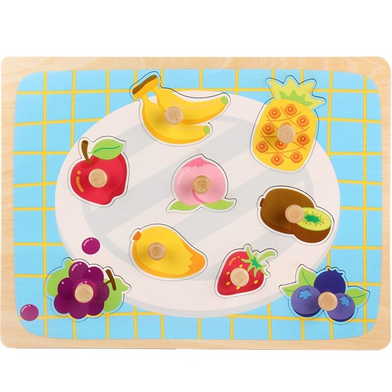 ✨TOATE PRODUSELE✨ - Puzzle Montessori din Lemn pentru Copii, , 3D, 0-3 Ani, Model Fructe, Educativ, Intuitiv, Creativ, 9 Piese, 30x22.5x0.8 cm, Multicolor
