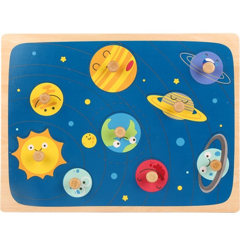 ✨TOATE PRODUSELE✨ - Puzzle Montessori din Lemn pentru Copii, , 3D, 0-3 Ani, Model Sistemul Solar, Educativ, Intuitiv, Creativ, 9 Piese, 30x22.5x0.8 cm, Multicolor