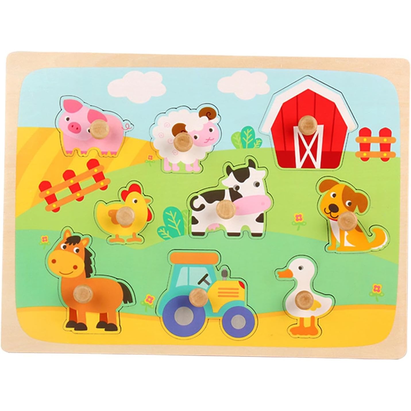 ✨TOATE PRODUSELE✨ - Puzzle Montessori din Lemn pentru Copii, , 3D, 0-3 Ani, Model Ferma, Educativ, Intuitiv, Creativ, 9 Piese, 30x22.5x0.8 cm, Multicolor