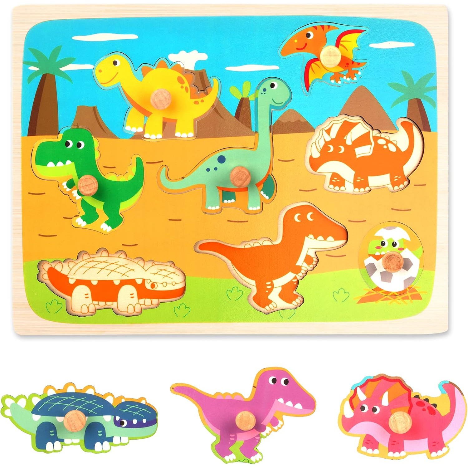 ✨TOATE PRODUSELE✨ - Puzzle Montessori din Lemn pentru Copii, , 3D, 0-3 Ani, Model Dinozauri, Educativ, Intuitiv, Creativ, 8 Piese, 30x22.5x0.8 cm, Multicolor