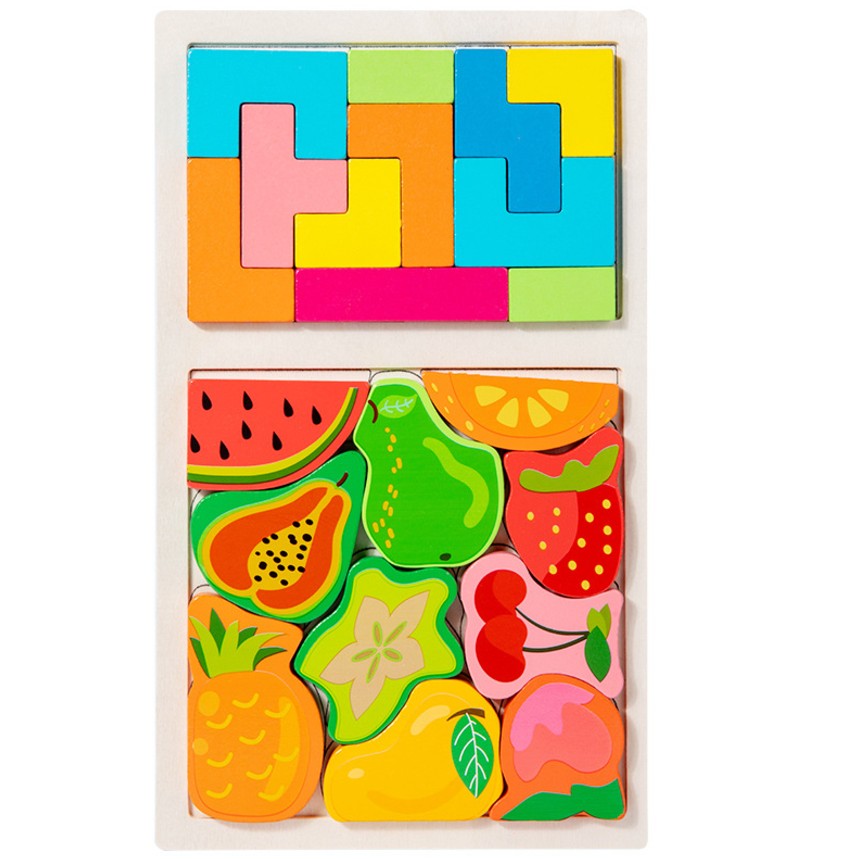 ✨TOATE PRODUSELE✨ - Puzzle Montessori din Lemn pentru Copii, , Tip Tetris 2in1 +3 Ani, cu Fructe Colorate 3D, Educativ, Intuitiv, Creativ, 21 de Piese, 28.5x17x1.2 cm, Multicolor