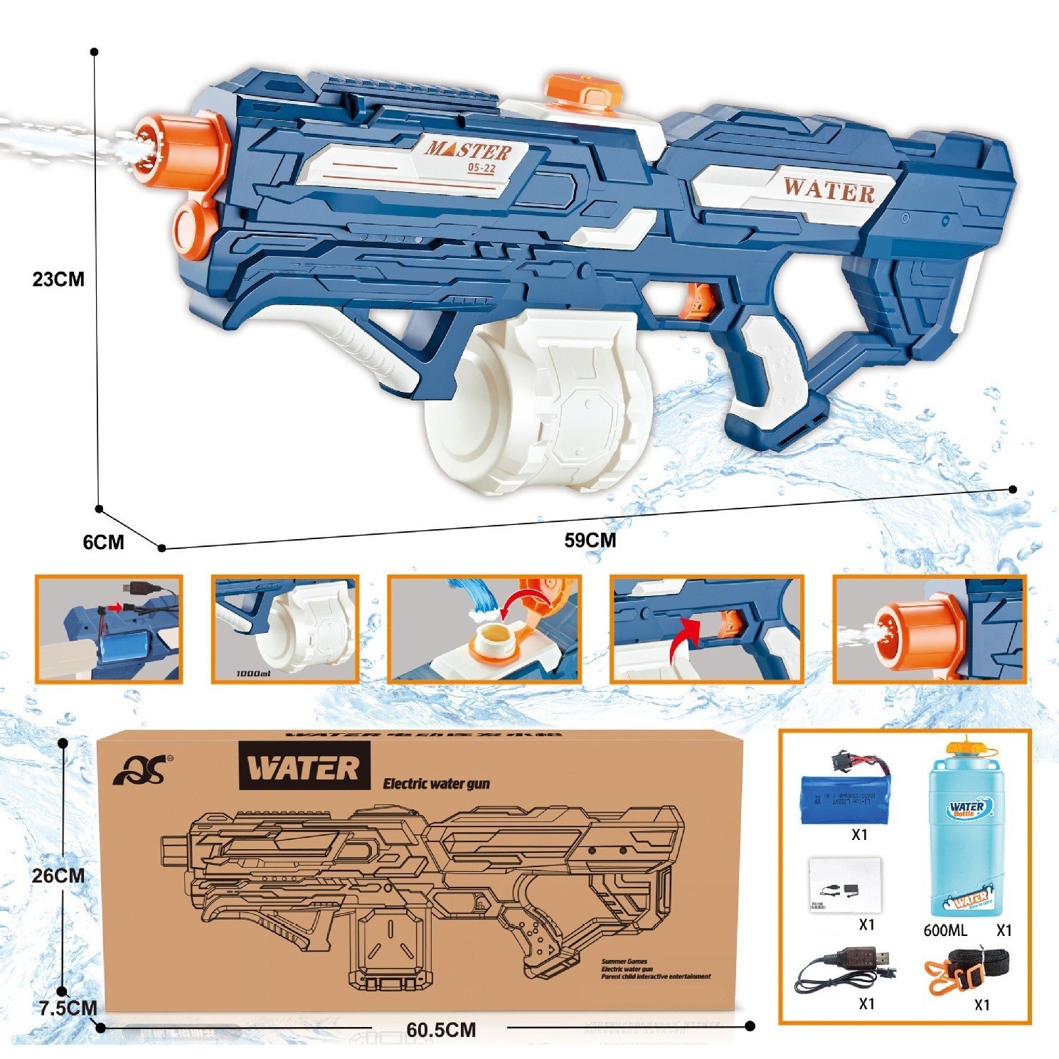Pistol cu Apa pentru Copii, Rezervor 600ml, , 14ani+, cu baterie 1500mAh, Electric Burst, Albastru/Alb, 1000ML [3]