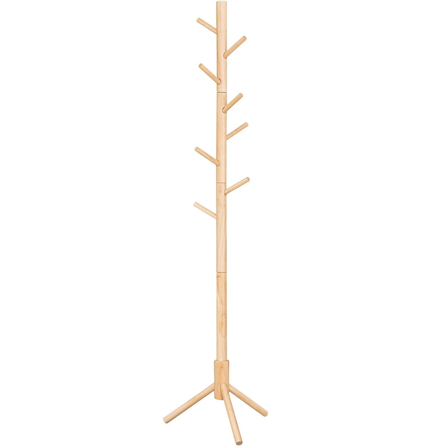 Cuiere - VASAGLE Cuier lemn masiv 47x47x175 cm, 8 carlige si inaltime reglabila, baza triunghiulara, natur