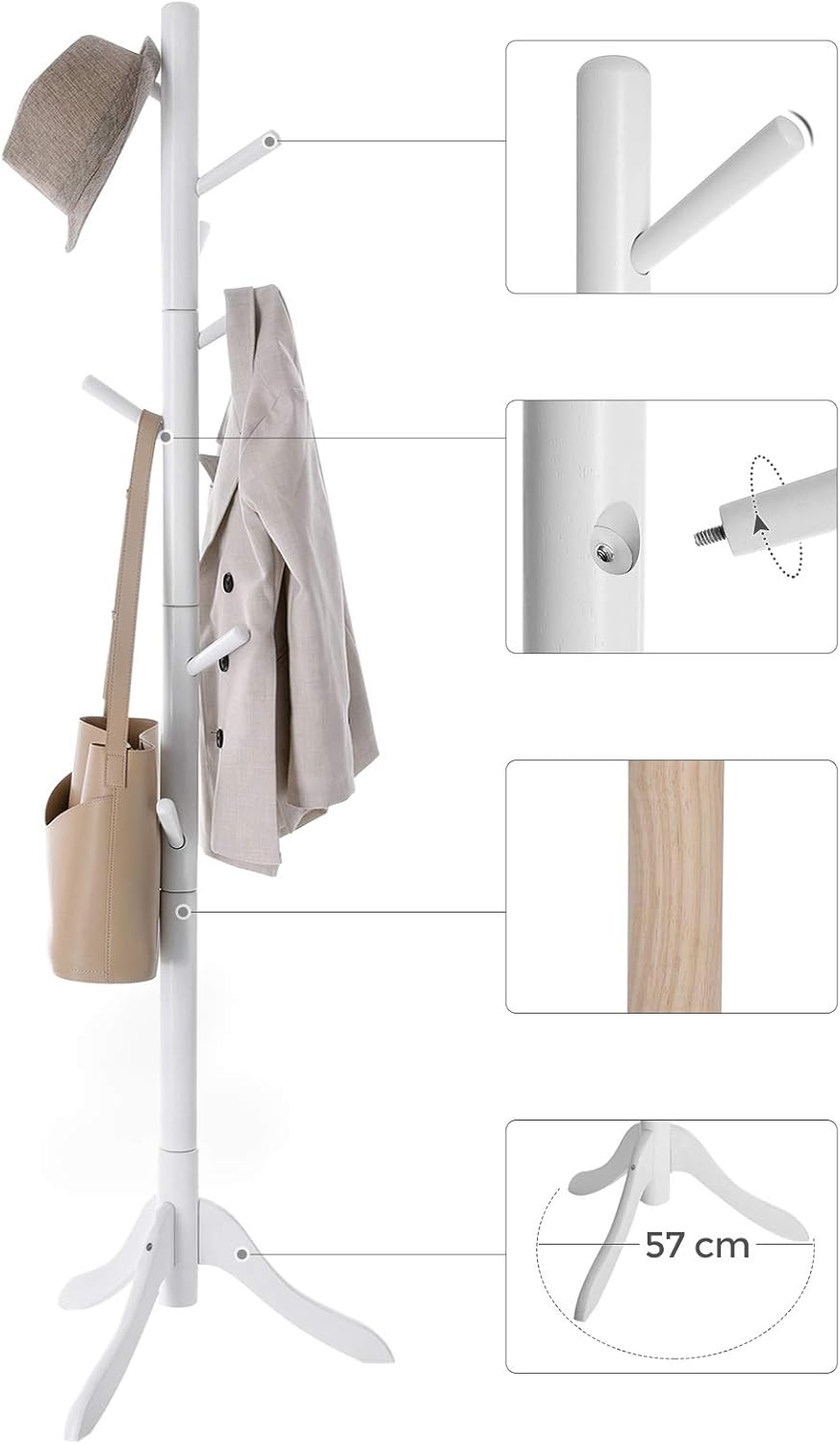 VASAGLE Cuier din lemn masiv, 8 carlige, ajustabil pe 3 inaltimi, design tip copac, 57x175 cm, alb [3]