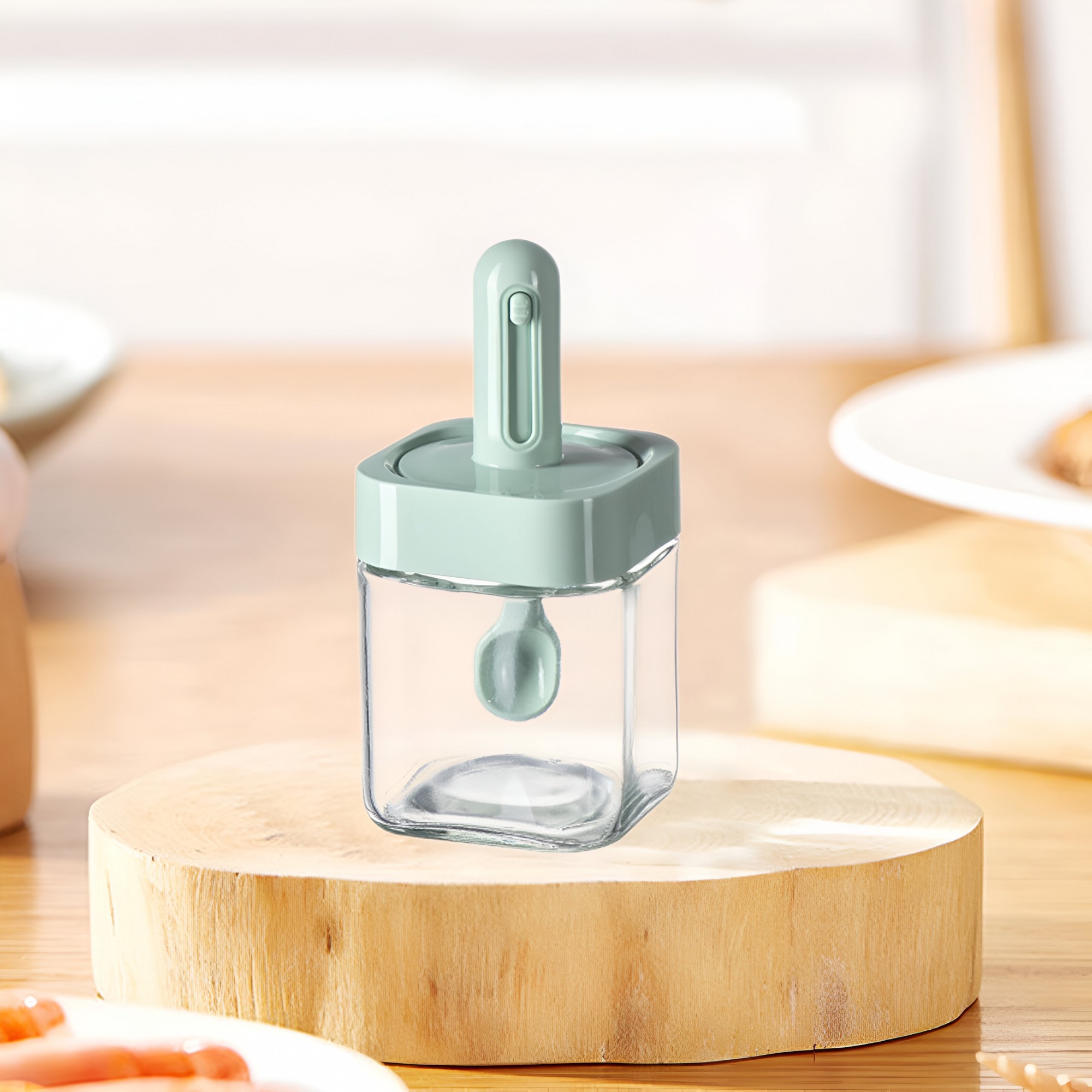 Recipient pentru Depozitarea Condimentelor, , Borcan din Sticla, Capac si Lingura Incorporate, Uz Casnic, 300 ml, 7.1x7.1x14.8 cm, Verde [3]