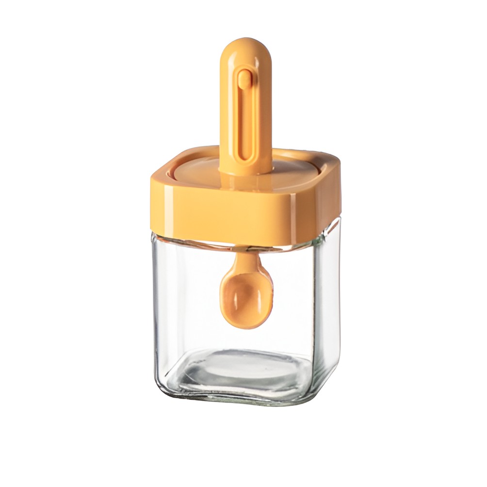 Organizatoare si Depozitare Bucatarie - Recipient pentru Depozitarea Condimentelor, , Borcan din Sticla, Capac si Lingura Incorporate, Uz Casnic, 300 ml, 7.1x7.1x14.8 cm, Portocaliu