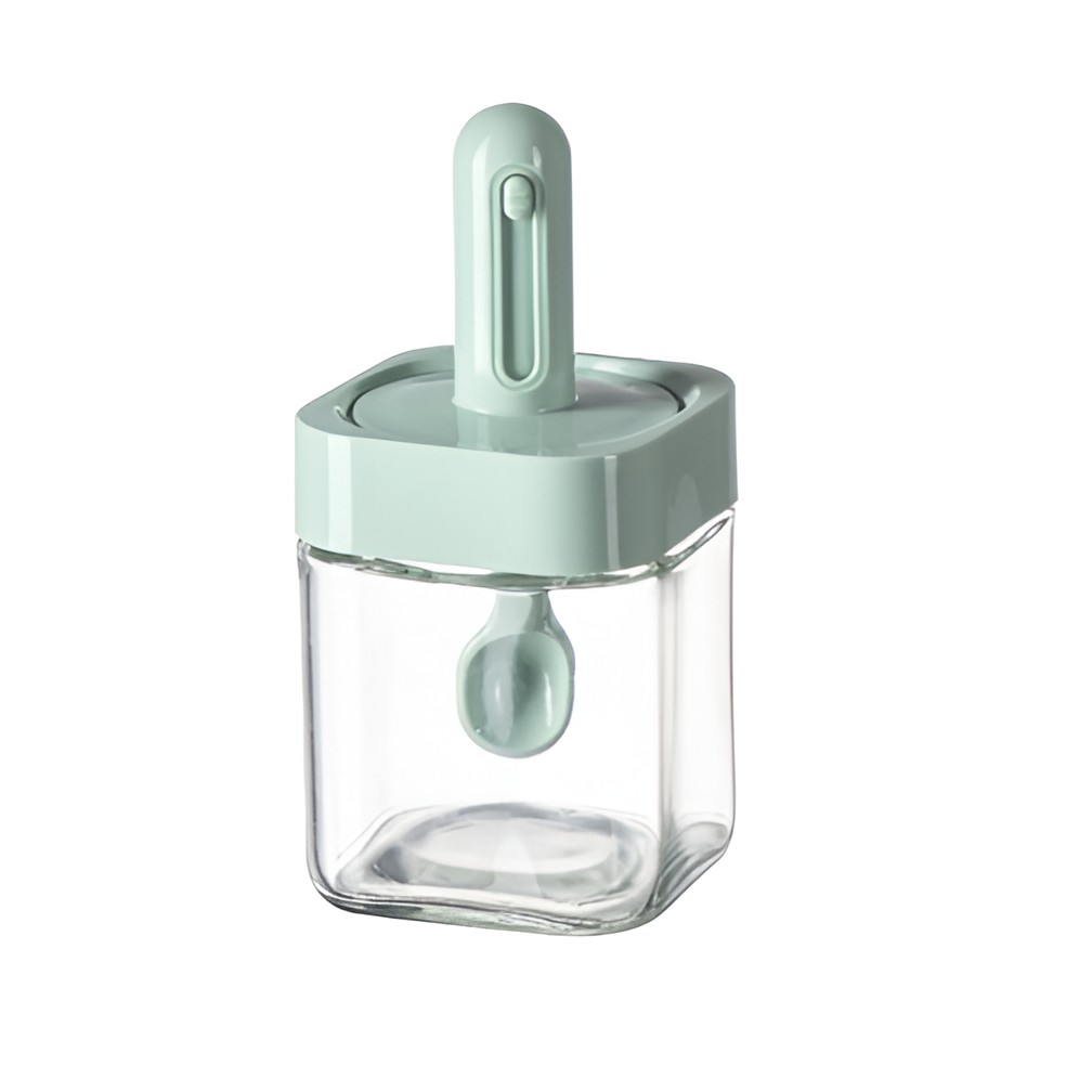 Recipient pentru Depozitarea Condimentelor, , Borcan din Sticla, Capac si Lingura Incorporate, Uz Casnic, 300 ml, 7.1x7.1x14.8 cm, Verde [1]