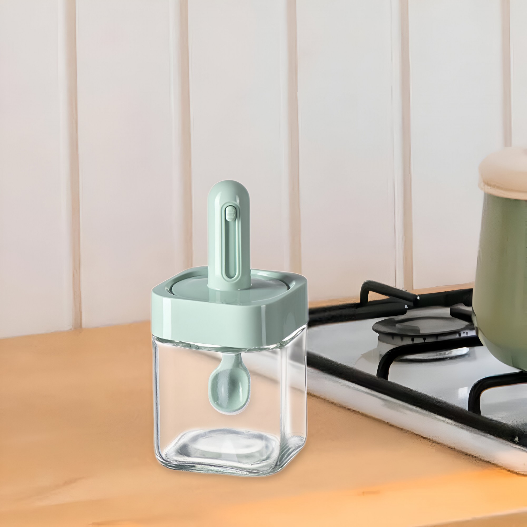 Recipient pentru Depozitarea Condimentelor, , Borcan din Sticla, Capac si Lingura Incorporate, Uz Casnic, 300 ml, 7.1x7.1x14.8 cm, Verde [4]