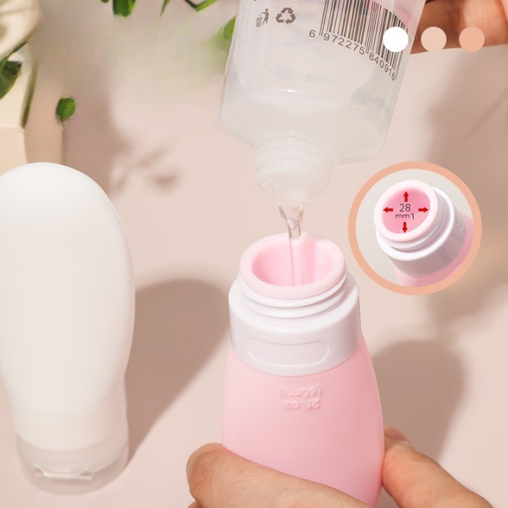 Recipient Portabil din Silicon Elegant de Voiaj, Sticla de Calatorie, , Potrivita pentru Lotiune, Sampon si Alte Lichide, Anti-scurgere, cu Posibilitate de Reumplere, Capacitate 90mL, 14cm, Roz [3]