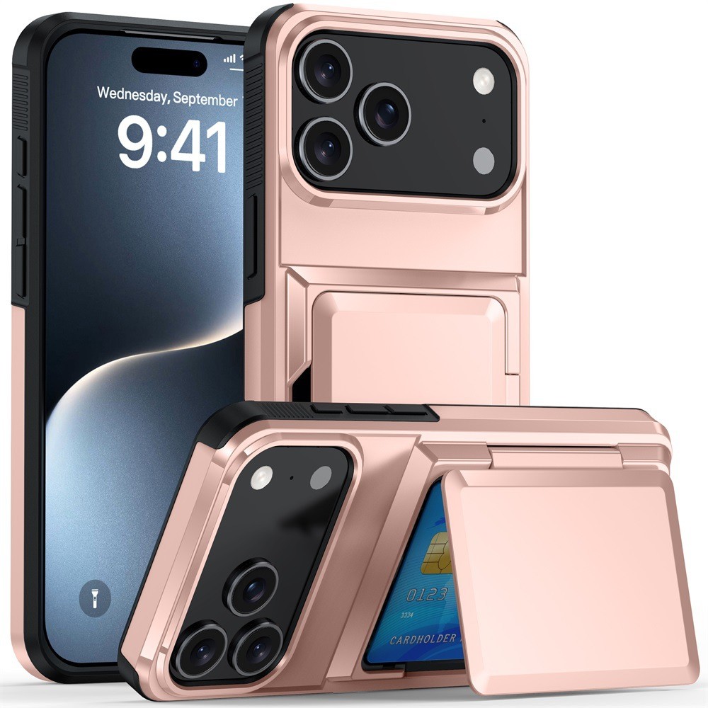 ✨TOATE PRODUSELE✨ - Husa de Protectie compatibila Apple iPhone 17 Pro, , Compartiment pentru Carduri, Anti-alunecare, Protectie PC, Rezistenta la Zgirieturi, Rose Gold