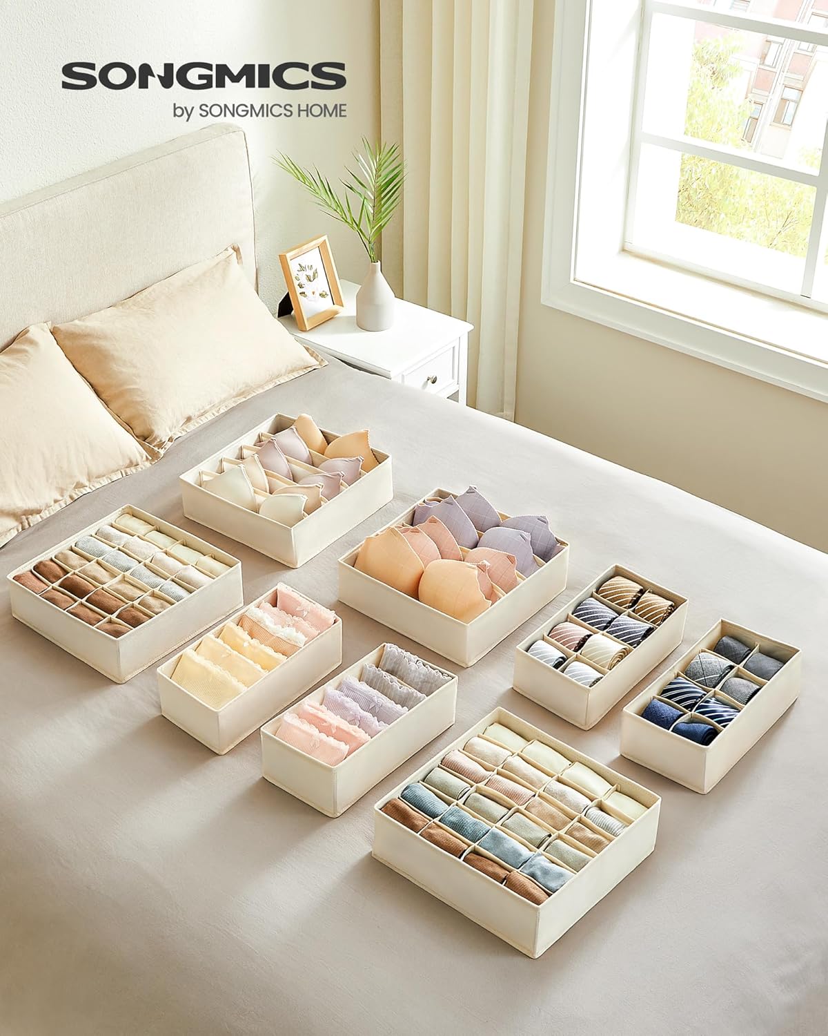SONGMICS Organizator lenjerie set 8 cutii pliabile din material textil, pentru sertare si dulap, bej [7]