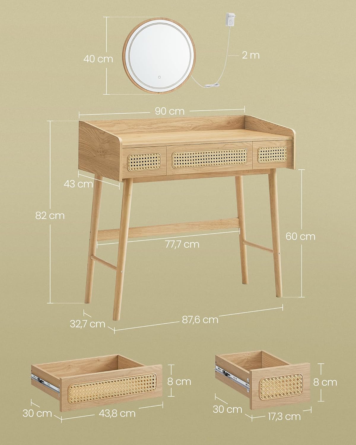 SONGMICS Masuta de toaleta cu oglinda iluminata LED, 3 sertare aspect ratan, stil boho, MDF si lemn, 88x43x82 cm, bej [2]