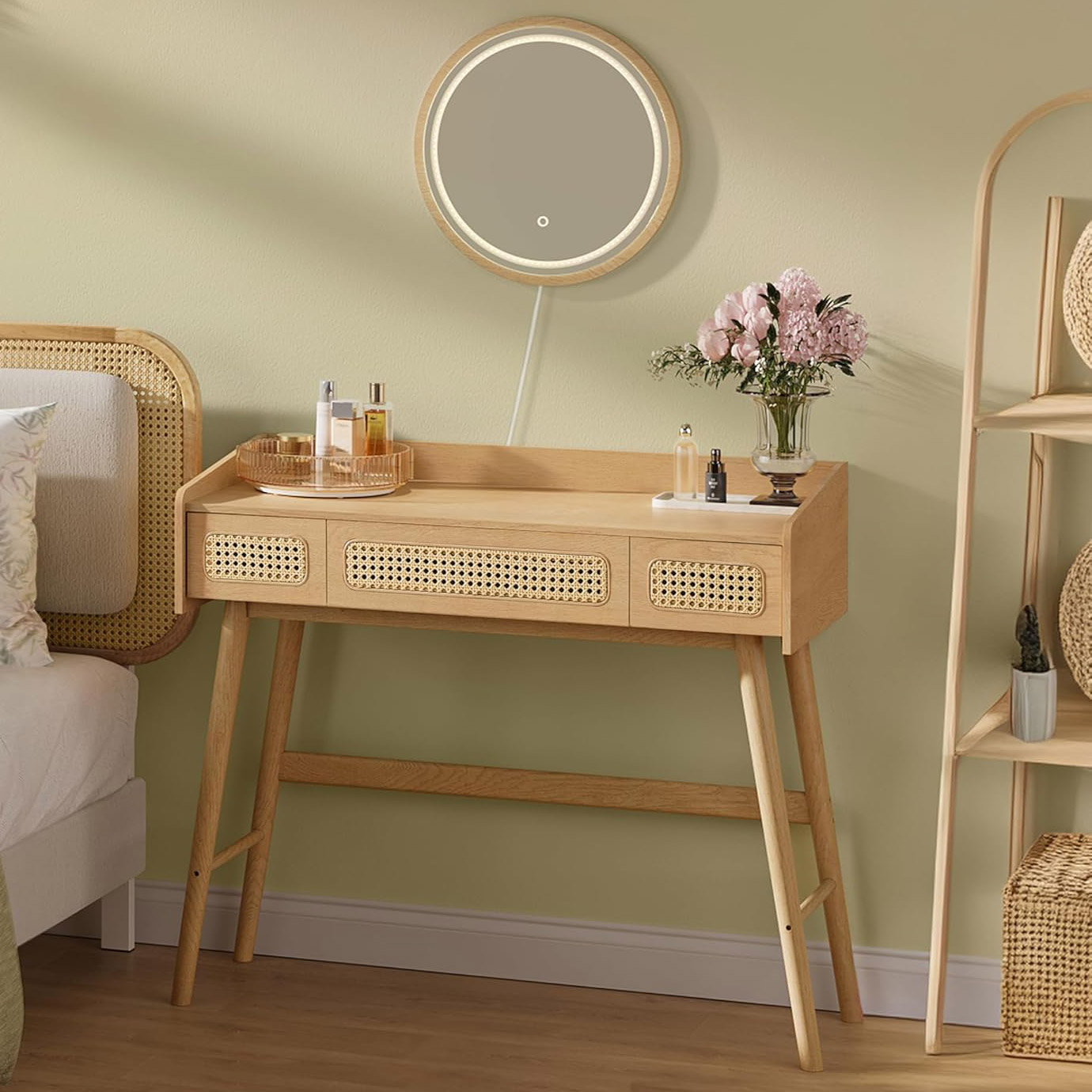 Mese toaleta si oglinzi - SONGMICS Masuta de toaleta cu oglinda iluminata LED, 3 sertare aspect ratan, stil boho, MDF si lemn, 88x43x82 cm, bej