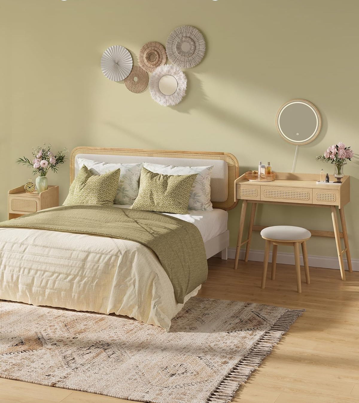 SONGMICS Masuta de toaleta cu oglinda iluminata LED, 3 sertare aspect ratan, stil boho, MDF si lemn, 88x43x82 cm, bej [5]