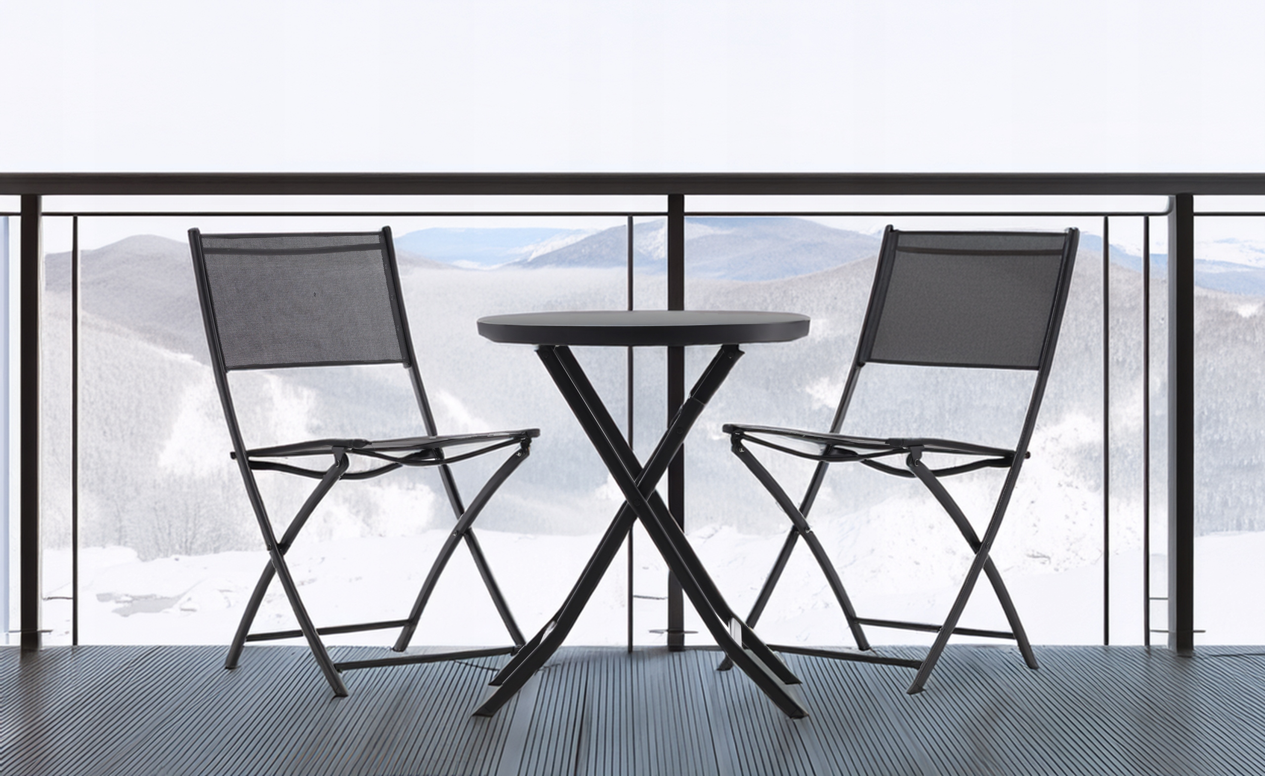 Set mobilier balcon pliabil cu masa sticla si 2 scaune, structura metalica, 60x70 cm, negru [2]