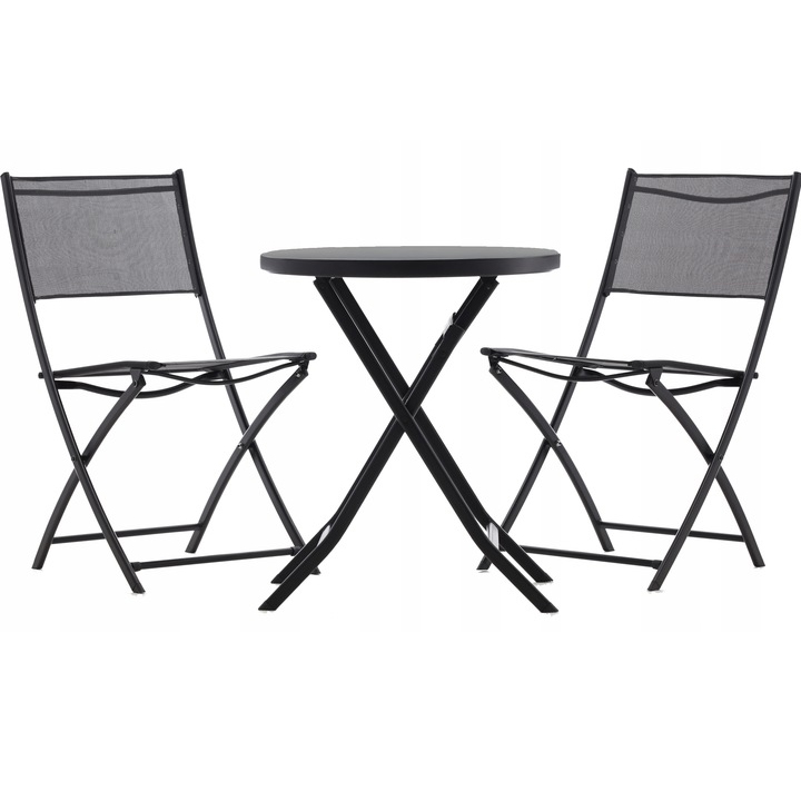 Seturi mobilier - Set mobilier balcon pliabil cu masa sticla si 2 scaune, structura metalica, 60x70 cm, negru