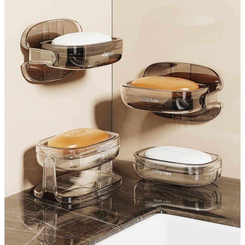 Savoniera cu Suport 2 in 1, , Pentru Perete sau Blat, PET, Scurgere Optima, GriTransparent [5]