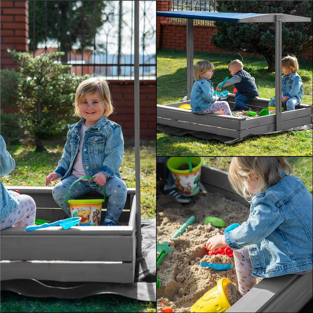 Lada nisip din lemn cu acoperis reglabil si capac, pliabila, 120x120x120 cm, gri [32]